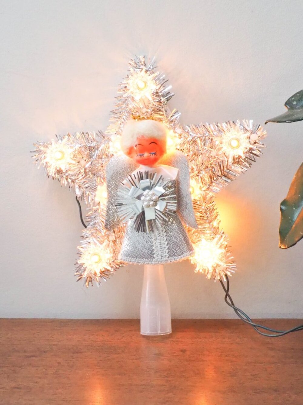 Vtg Light Up Angel Star Tree Topper - Silver Christmas Tree Top Tinsel Angel